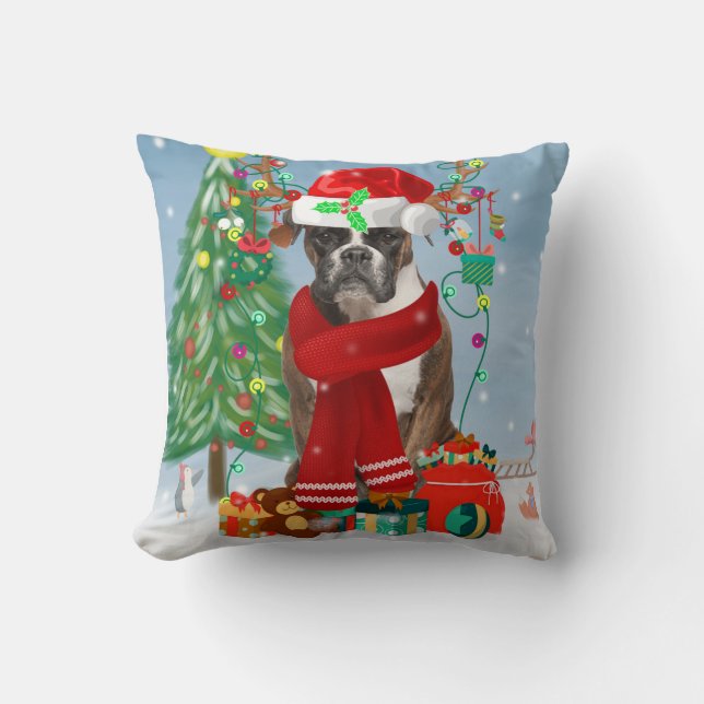 Boxer Dog in Snow with Christmas Gifts Cushion (Front)