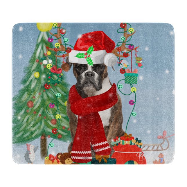 Boxer Dog in Snow with Christmas Gifts  Cutting Board (Front)
