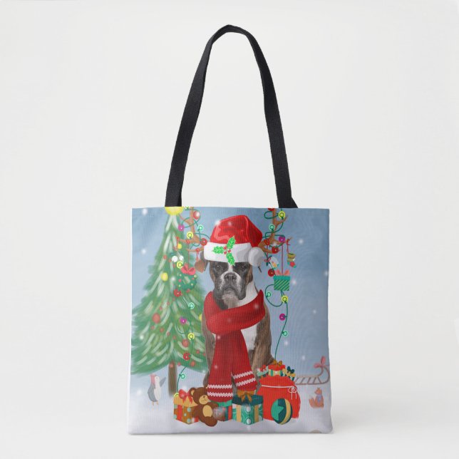 Boxer Dog in Snow with Christmas Gifts  Tote Bag (Front)