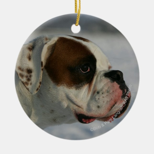 Boxer Dog in the Snow Ceramic Ornament (Front)