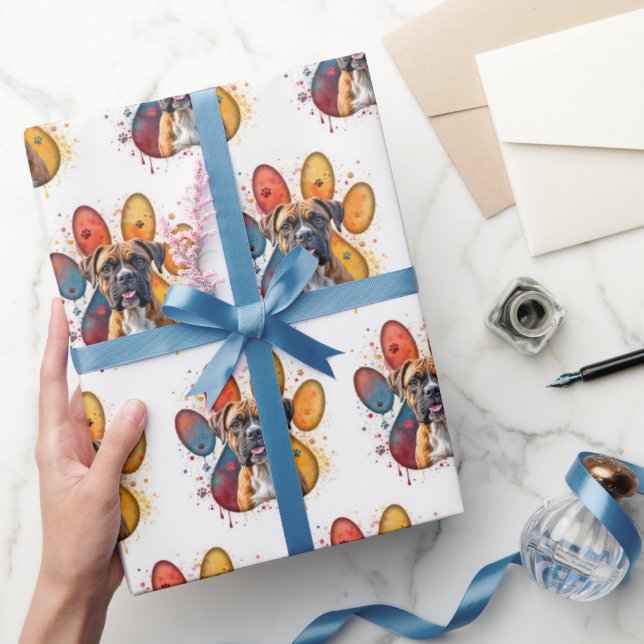 Boxer Dog in Watercolor Paw Print Wrapping Paper (Gifting)