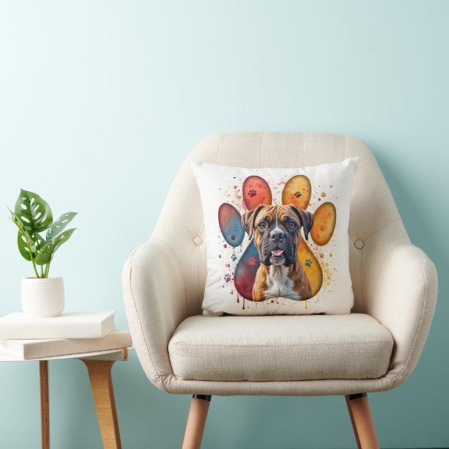 Boxer Dog In Watercolor Pawprint Cushion (Chair)