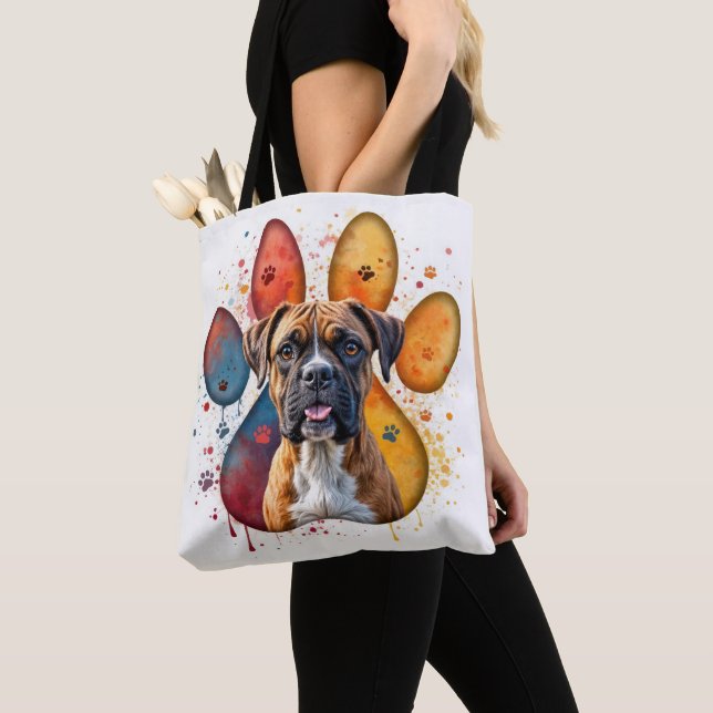 Boxer Dog In Watercolor Pawprint Tote Bag (Close Up)