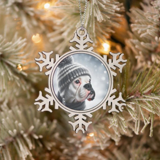 Boxer Dog in Winter Snowflake Pewter Christmas Ornament (Tree)