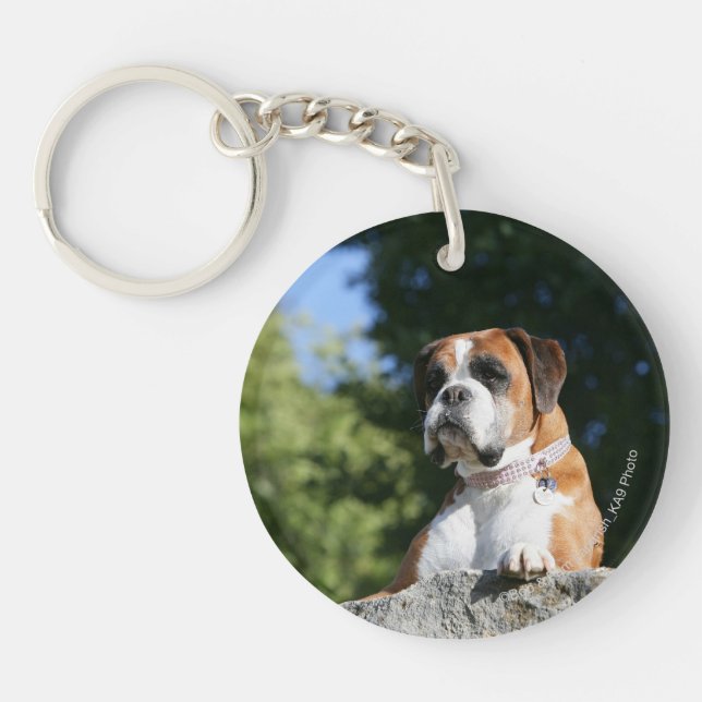 Boxer Dog Laying on a Rock Key Ring (Front)