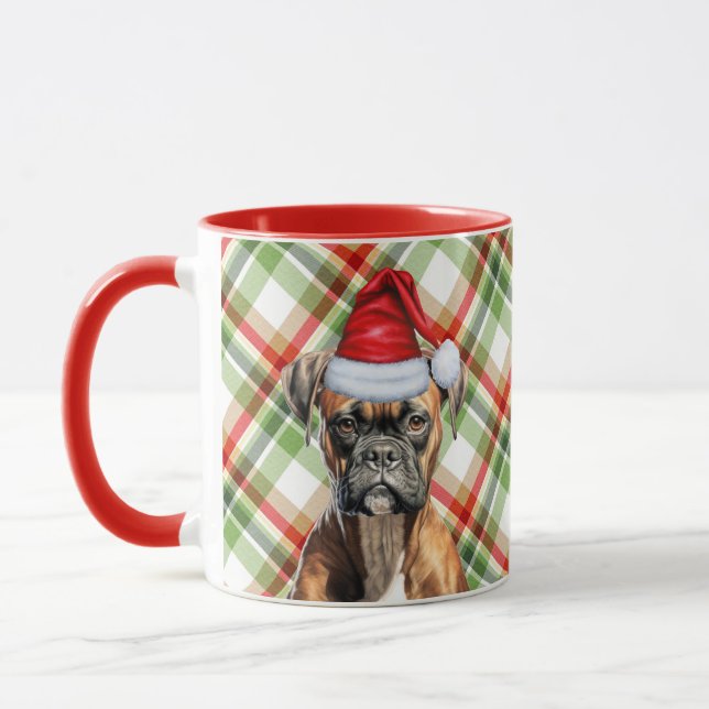 Boxer Dog Lover Holiday Plaid Christmas Mug (Left)