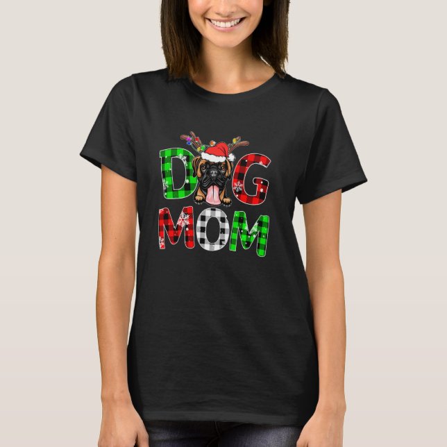 Boxer Dog Mum Buffalo Plaid Xmas Pajama Reindeer H T-Shirt (Front)