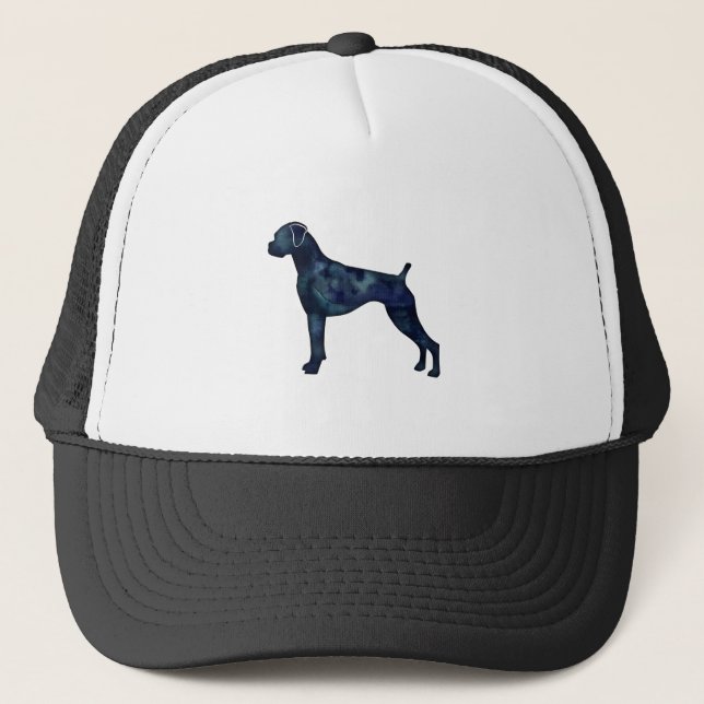 Boxer Dog Natural Ears Black Watercolor Silhouette Trucker Hat (Front)