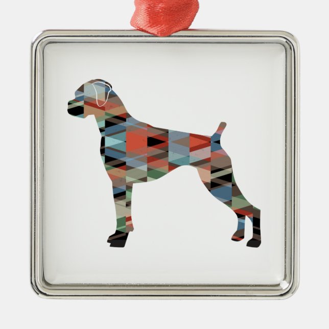 Boxer Dog Natural Ears Geo Silhouette Plaid Metal Ornament (Front)