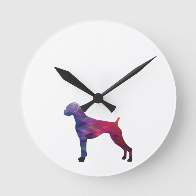 Boxer Dog Natural Ears Geo Silhouette Purple Round Clock (Front)