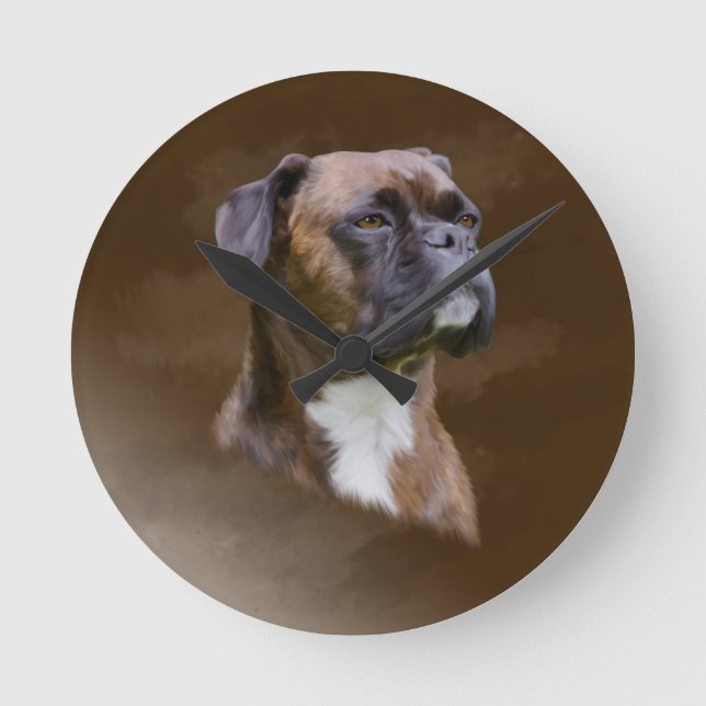 Boxer Dog Oil Painting Art Portrait Round Clock (Front)