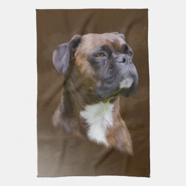 Boxer Dog Oil Painting Art Portrait Tea Towel (Vertical)