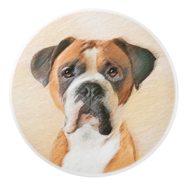 Boxer Dog Painting Uncropped Original Animal Art Ceramic Knob (Front)