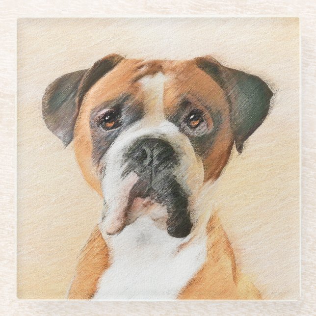 Boxer Dog Painting Uncropped Original Animal Art Glass Coaster (Front)