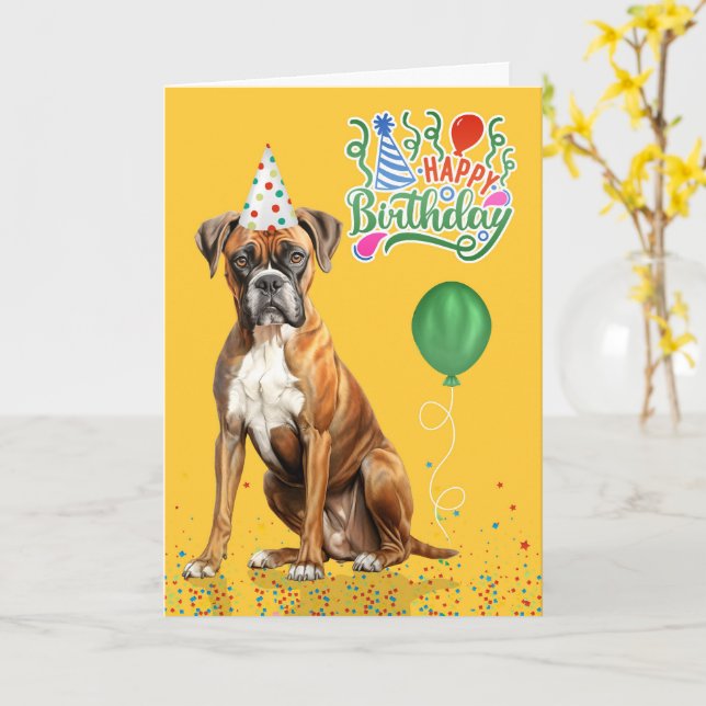 Boxer Dog Party Hat Yellow Birthday Card (Yellow Flower)
