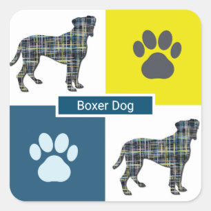 Boxer Dog & Paw Y&B Grid Square Sticker