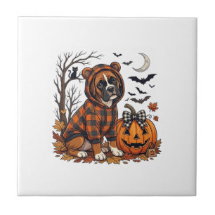 Boxer Dog Plaid Hoodie Halloween Pumpkin Bats_1 Ceramic Tile