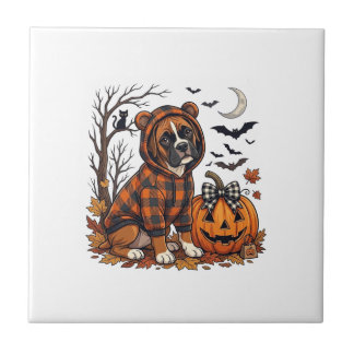 Boxer Dog Plaid Hoodie Halloween Pumpkin Bats_1 Ceramic Tile