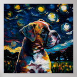 Boxer Dog Puppy Starry Night Van Gogh Style Poster<br><div class="desc">This design of a Boxer dog puppy is inspired by Van Gogh's iconic Starry Night painting. It features a Boxer pup with an array of beautiful stars in the background. The pup's fur is a golden brown, with white patches scattered throughout. He looks up, bright-eyed and alert, with a starry...</div>