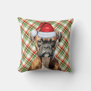 Boxer Dog Red and Green Plaid Christmas Holiday Cushion