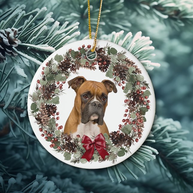 Boxer Dog Red Bow Pinecone Wreath Personalised Ceramic Ornament (Creator Uploaded)