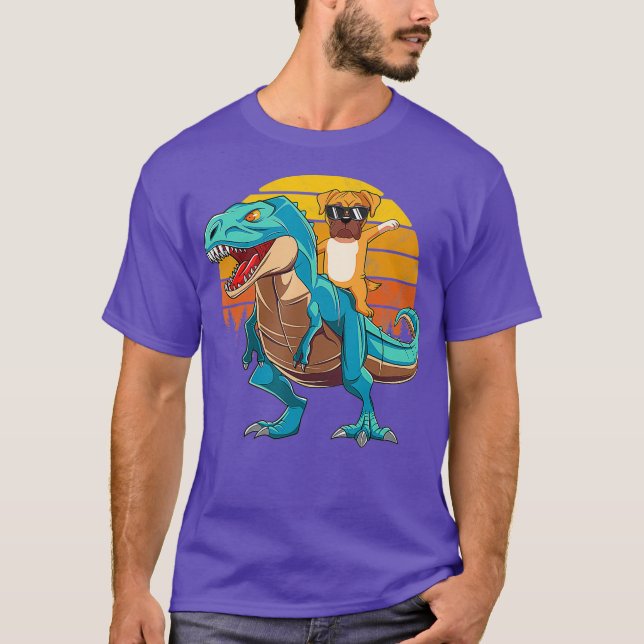 Boxer Dog Riding Dinosaur T Rex Boys Girls Retro T-Shirt (Front)
