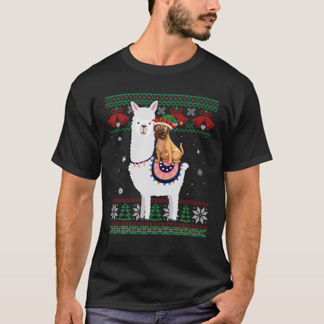 Boxer Dog Riding Llama Funny Ugly Christmas T-Shirt (Front)