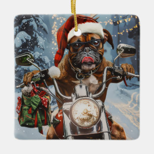 Boxer Dog Riding Motorcycle Christmas  Ceramic Ornament