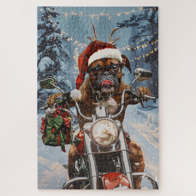 Boxer Dog Riding Motorcycle Christmas  Jigsaw Puzzle (Vertical)