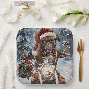 Boxer Dog Riding Motorcycle Christmas Paper Plate