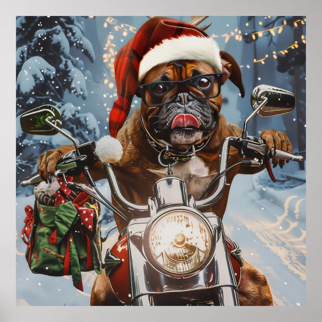 Boxer Dog Riding Motorcycle Christmas  Poster (Front)