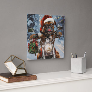 Boxer Dog Riding Motorcycle Christmas  Square Wall Clock