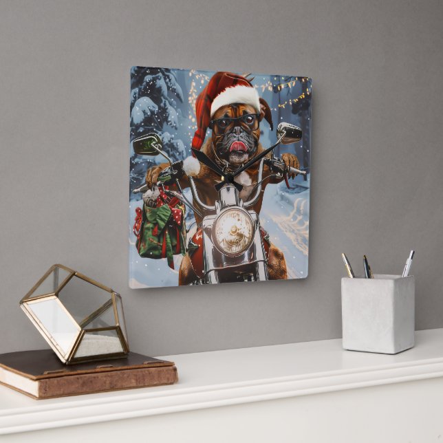 Boxer Dog Riding Motorcycle Christmas  Square Wall Clock (Office)