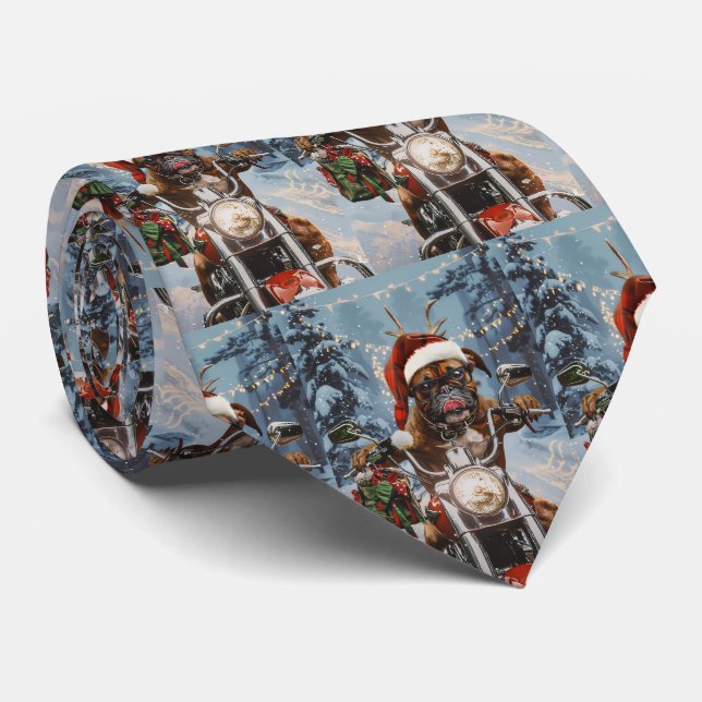 Boxer Dog Riding Motorcycle Christmas  Tie (Rolled)