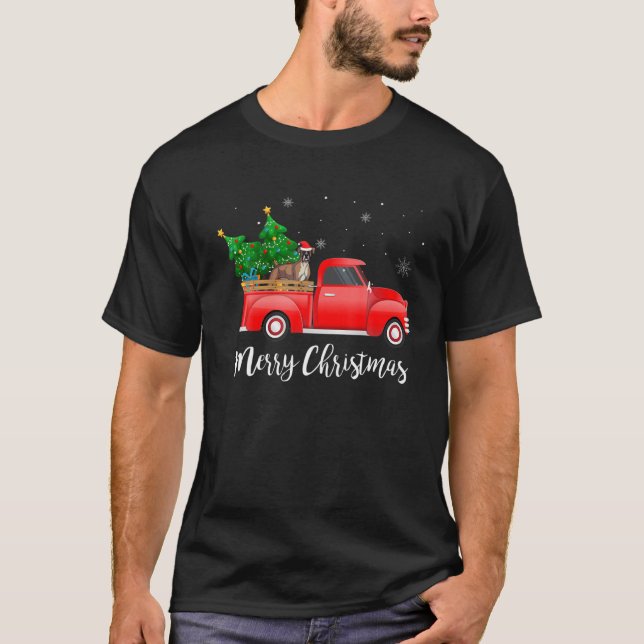 Boxer Dog Riding Red Truck Christmas T-Shirt (Front)