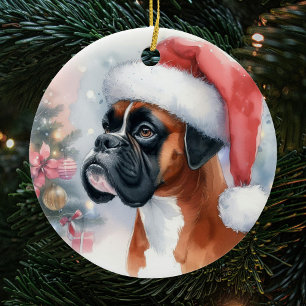 Boxer Dog Santa Hat Christmas Ceramic Ornament