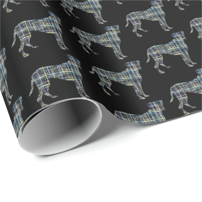 Boxer Dog Silhouette Y&B Grid Black Wrapping Paper (Roll Corner)