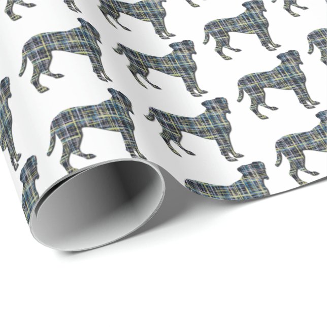 Boxer Dog Silhouette Y&B Grid White Wrapping Paper (Roll Corner)