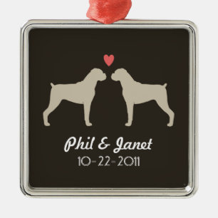 Boxer Dog Silhouettes Wedding Couple Love Custom Metal Ornament