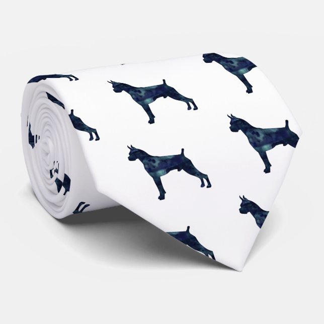 Boxer Dog Watercolor Geometric Pattern Silhouette Tie (Rolled)