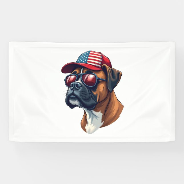 Boxer Dog Wearing White Red Blue Banner (Horizontal)