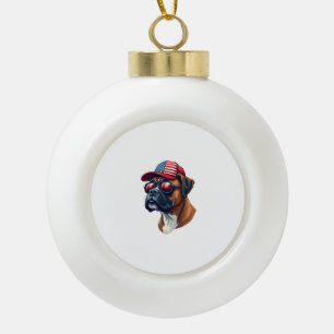 Boxer Dog Wearing White Red Blue Ceramic Ball Christmas Ornament