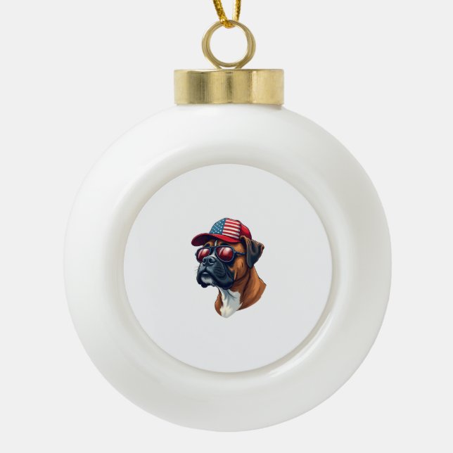 Boxer Dog Wearing White Red Blue Ceramic Ball Christmas Ornament (Front)