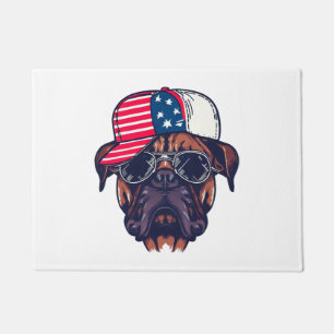 Boxer Dog Wearing White Red Blue Doormat