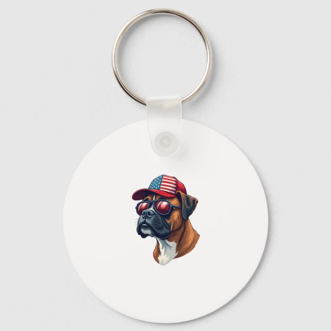 Boxer Dog Wearing White Red Blue Key Ring (Front)