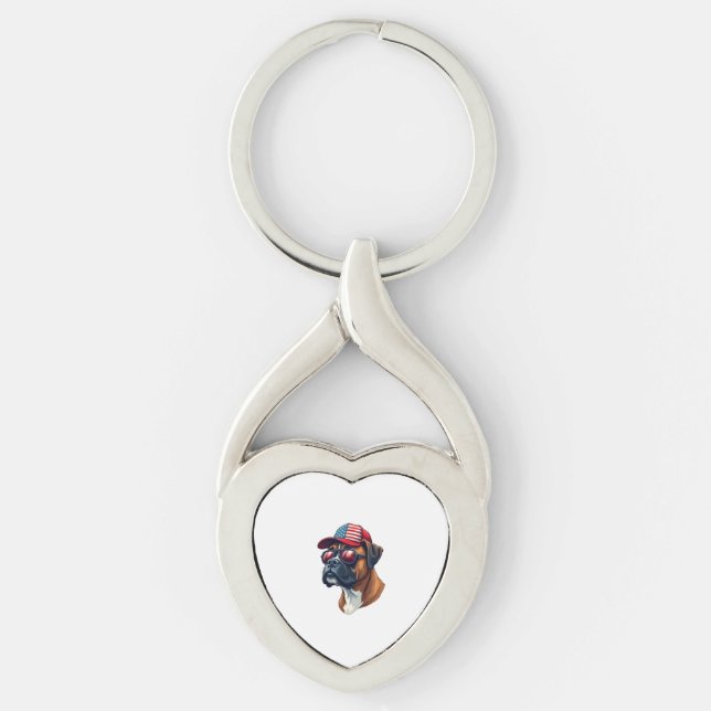 Boxer Dog Wearing White Red Blue Key Ring (Front)