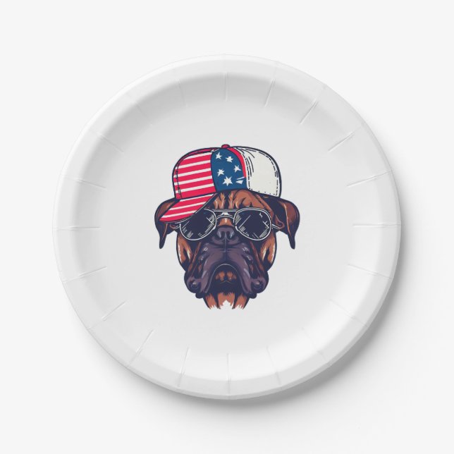 Boxer Dog Wearing White Red Blue Paper Plate (Front)