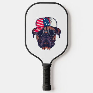 Boxer Dog Wearing White Red Blue Pickleball Paddle