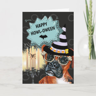Boxer dog witch happy howloween spooky spider card