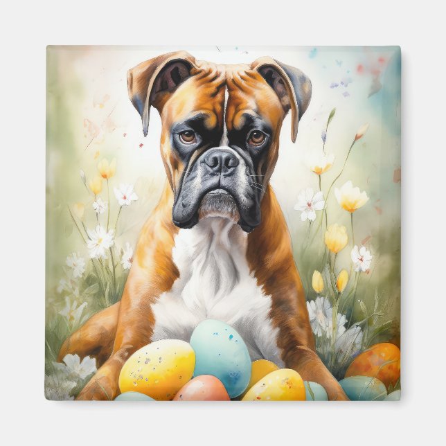 Boxer Dog with Easter Eggs Holiday Magnet (Front)